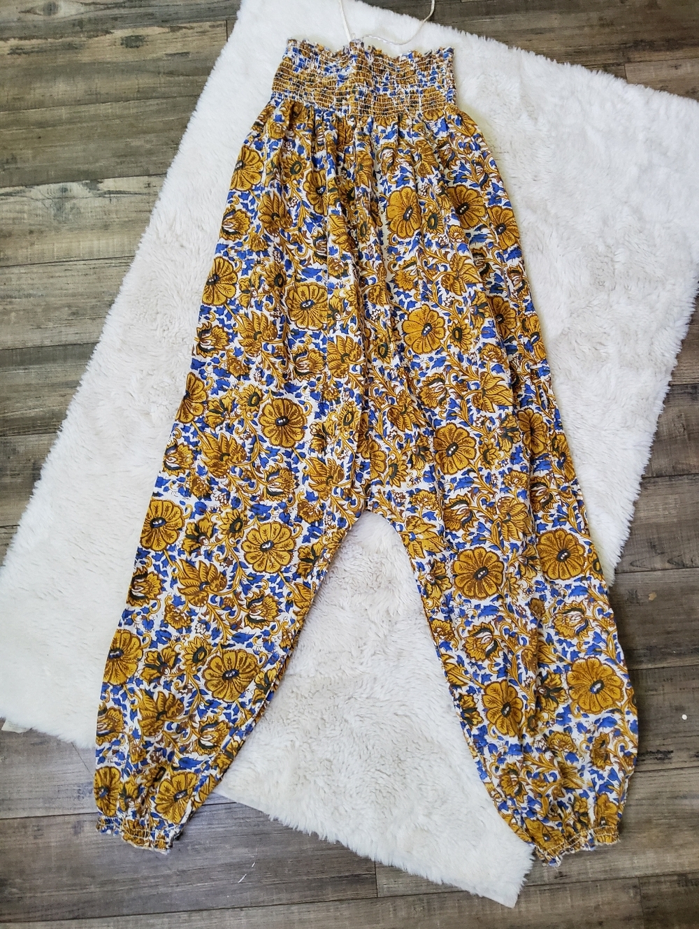Cotton Boho Floral Smocked Harem Pants Jumpsuit  in Mustard & Blue